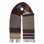 A brown and grey patterned scarf, rolled up on a white background.